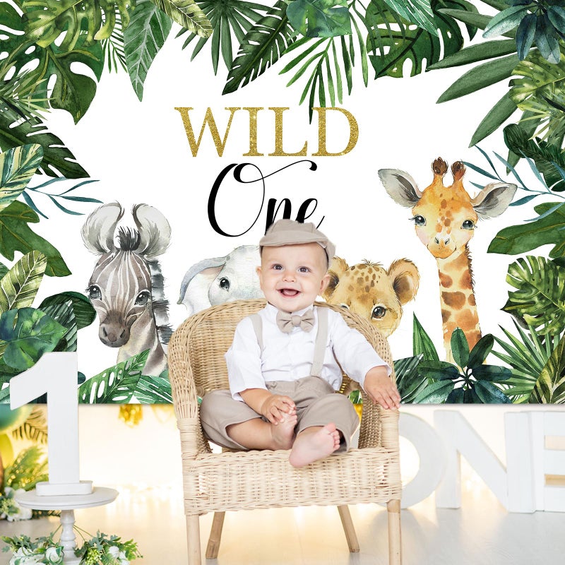 Mocsicka Safari Wild One Backdrop Safari Animal First Birthday Party Background Jungle Boy 1st Birthday Party Decorations Photography Background (7x5ft) - Image 5